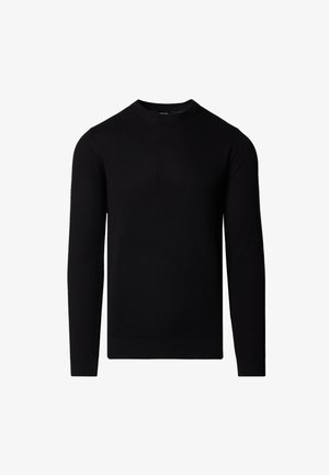 Czarny sweter z długim rękawem i okrągłym dekoltem, wykonany z subtelnie fakturowanego dzianego materiału, z prążkowanymi mankietami i dolnym brzegiem, prezentowany na białym tle.