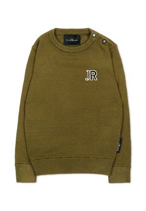 Maglione in maglia verde oliva con polsini e orlo a coste, logo JR ricamato sul petto e due bottoni JR sulla spalla.