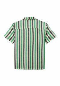 Chemise à manches courtes avec un motif rayé vert, noir et crème. Fabriquée en tissu léger, dotée d'une empiècement dos et d'une coupe décontractée.