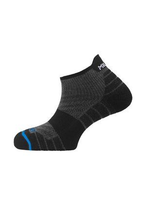 Black and gray low-cut athletic sock with blue stripe at toe and white logo on cuff, showing textured knit pattern.