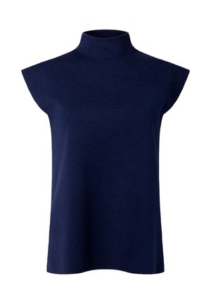 Haut sans manches en maille bleu marine avec un col rond haut et un ourlet droit, présentant une texture douce et lisse.