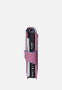 Pink faux leather wallet with blue accents, featuring a snap closure and RFID/NFC protection, holding a gray notepad and black pen.