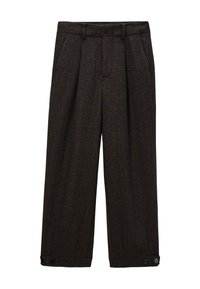 Pantalon en tissu à carreaux marron foncé. Jambes larges avec plis avant, poches latérales et accents de boutons aux poignets.