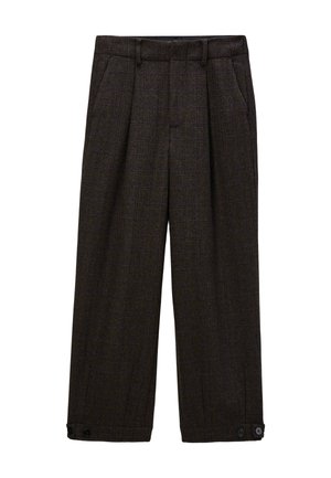 Pantalon en tissu à carreaux marron foncé. Jambes larges avec plis avant, poches latérales et accents de boutons aux poignets.
