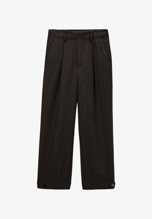 Pantalon en tissu à carreaux marron foncé. Jambes larges avec plis avant, poches latérales et accents de boutons aux poignets.