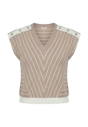 Gilet beige senza maniche in maglia con righe verticali bianche che formano una forma a V, rifinitura bianca all'orlo e dettagli con bottoni sui pannelli bianchi delle spalle.