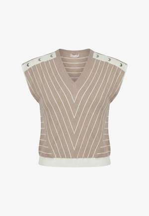 Gilet beige sans manches en maille avec des rayures verticales blanches formant un V, bordure blanche à l'ourlet et détails de boutons sur les panneaux d'épaule blancs.