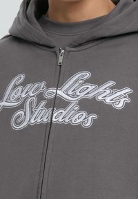 Felpa grigia con zip realizzata in tessuto morbido, con un audace logo bianco ricamato "Low Lights Studios" e un design del cappuccio rilassato.