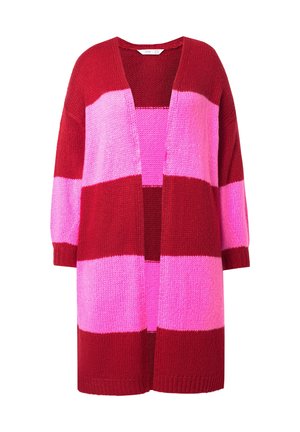 Strickjacke mit kräftigen horizontalen Streifen in Dunkelrot, Hellrot und Pink. Offene Vorderseite mit Dreiviertelärmeln und einer lockeren Passform.