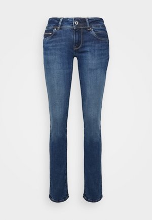 Denimjeans i medelblå tvätt, med en slim straight passform, fem fickor och kontraststickning på midjebandet och fickkanterna.