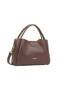Sac à main en cuir marron avec finition texturée, doté de deux poignées et d'une bandoulière amovible. Logo de la marque visible à l'avant.