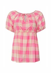 Kurzes Oberteil mit pink und cremefarbener Karomusterung, das eine geraffte Halslinie mit Kordelzug und einen elastischen Bund für eine lockere Passform aufweist.