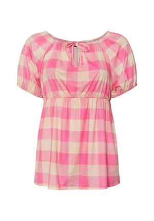 Pink and cream checked short-sleeve top, featuring a gathered neckline with drawstring and elastic waist for a relaxed fit.