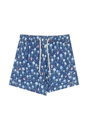 Costume da bagno blu con coulisse bianca, decorato con meduse azzurro chiaro e piccoli secchi rosa sparsi sul tessuto.