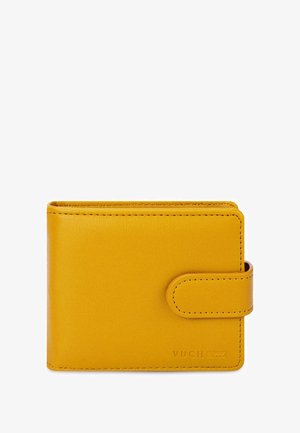 Yellow leather wallet with a smooth texture, rectangular shape, and a snap closure. Features embossed "VUCH" logo on the front.