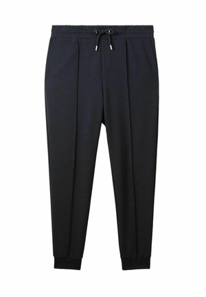 Zwarte broek van zacht stof, met een elastische tailleband en trekkoord, plooien aan de voorkant, en fitted boorden bij de enkels.