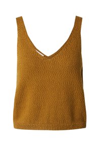 Senfgelbes, gestricktes Tank-Top mit V-Ausschnitt und strukturierten Oberflächen. Ärmelloses Design und gerippter Saum am unteren Rand.