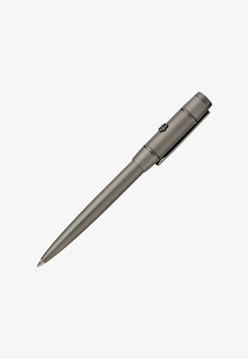 Stylo rétractable texturé métallisé avec clip et motif texturé distinctif sur le corps, présenté sur fond blanc.