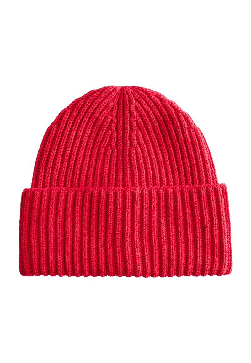 Red knitted beanie hat with ribbed texture and a folded cuff. Features vertical patterning and a soft, stretchy material.