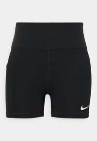 Czarne sportowe spodenki wykonane z elastycznego materiału; wysoki pas, dopasowany krój z boczną kieszenią i małe białe logo Nike po lewej stronie.