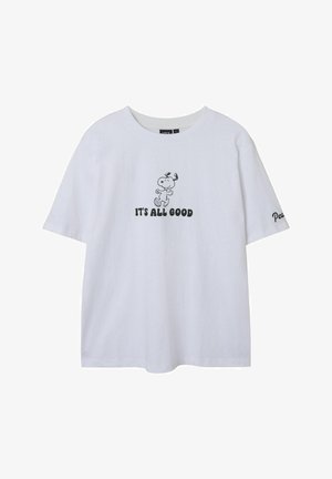 Weißes Baumwoll-T-Shirt mit einem schwarzen Snoopy-Graphic und dem Text "ALLES IST GUT" auf der Vorderseite, kurzen Ärmeln und einem runden Halsausschnitt.