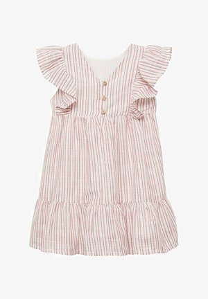 Paski sukienka z falbankowymi rękawami, z dekoltem w kształcie litery V i trzema drewnianymi guzikami. Wykonana z lekkiego materiału w białe i różowe paski.