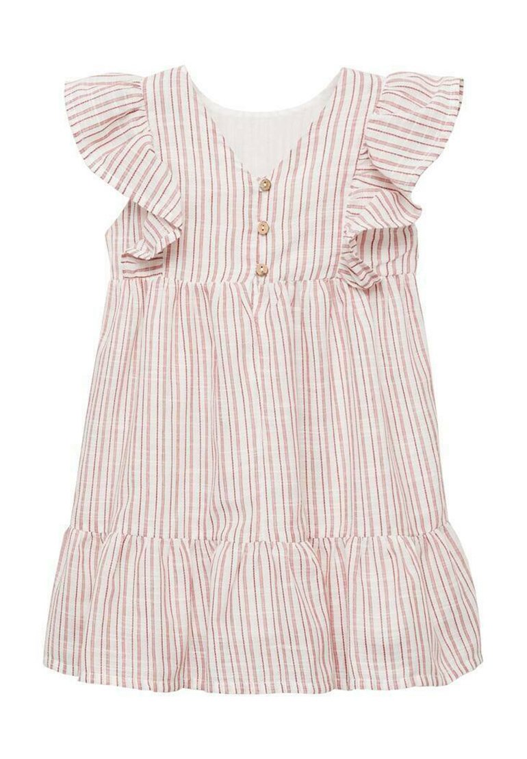 Pruhované šaty s volánovými rukávmi, so špicatým výstrihom a tromi drevenými gombíkmi. Vyrobené z ľahkého materiálu v bielych a ružových pruhoch.