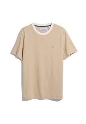 Beige t-shirt met korte mouwen en een romige geribbelde ronde hals. Voorzien van een klein blauw pinguïnlogo op de borst. Zacht, lichtgewicht materiaal met strepen.