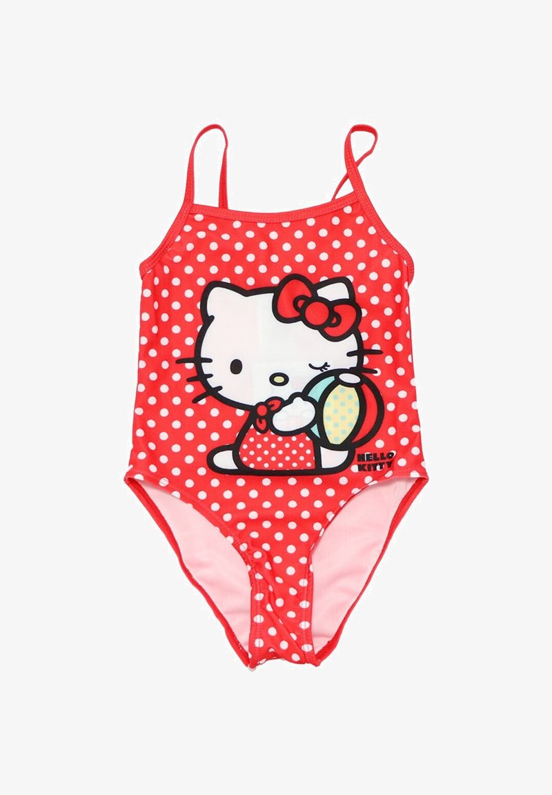 Rode badpak met stippen en een Hello Kitty afbeelding. Verstelbare bandjes, aansluitend ontwerp en een gladde textuur geschikt voor wateractiviteiten.