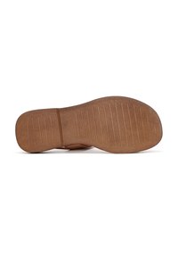 Suola di scarpa marrone con motivo di presa testurizzato, caratterizzata da nervature orizzontali e verticali. Realizzata in gomma con una finitura liscia.