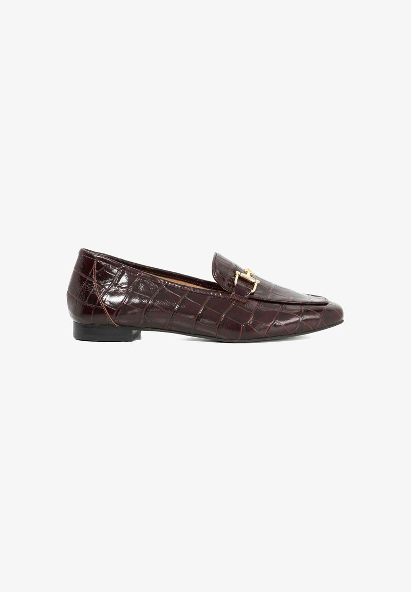 Burgundy leather loafers with a crocodile-skin pattern, featuring a gold-tone buckle and a low, textured heel.