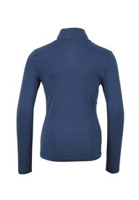 Maglietta a maniche lunghe navy con colletto alla coreana, vestibilità slim, texture liscia e cuciture piatte, progettata per comfort e mobilità.