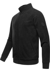 Black fleece jacket featuring a high collar, front zip closure, two side pockets, and ribbed cuffs and hem. Subtle branding on chest.