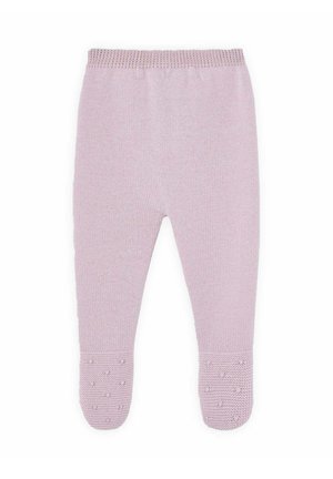 Light pink knitted baby leggings featuring a textured design, ribbed waistband, and dot-patterned non-slip soles.