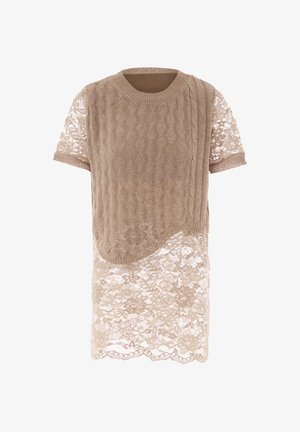 Beige Kleid mit einem strukturierten gestrickten Oberteil mit kurzen Ärmeln und einem unteren Teil aus Spitze, verziert mit floralen Mustern und einem gewellten Saum.