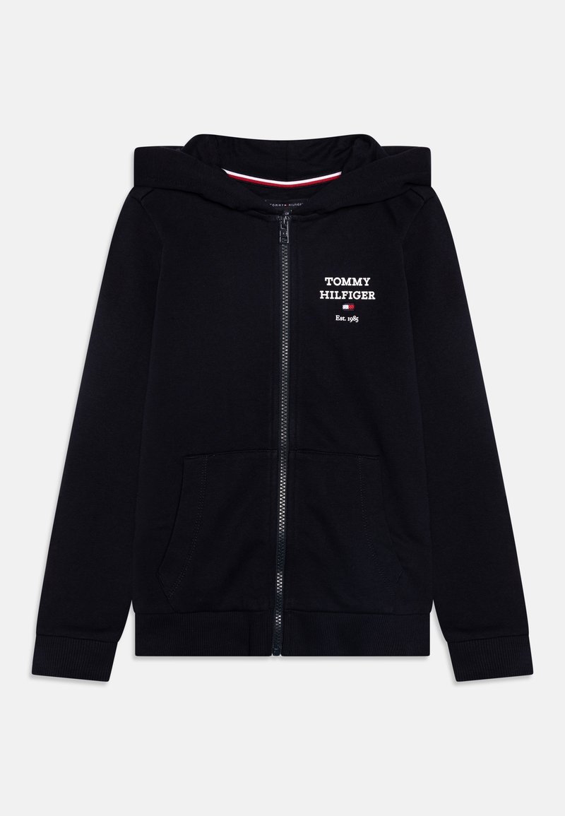 Sudadera con capucha negra con cremallera, hecha de algodón, con dos bolsillos delanteros, puños acanalados, capucha forrada y "TOMMY HILFIGER" bordado en blanco.