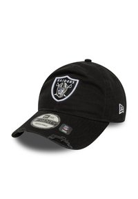Schwarze Baseballmütze aus Baumwolle mit erhabenem, gesticktem Raiders-Logo, gebogenem Schirm und verstellbarem Riemen auf der Rückseite.