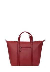 Rode neplederen tote bag met dubbele handgrepen, ritssluiting en een voorzak met rits; heeft een gladde textuur en een gestructureerde vorm.