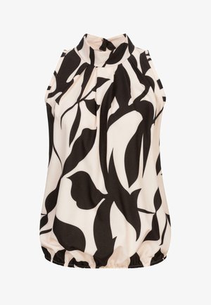 Melnā un baltā krāsā ziedu bezpiedurkņu blūze ar augstu apkakli, savilkumu un elastīgu apakšmalu. Izgatavota no viegla materiāla.