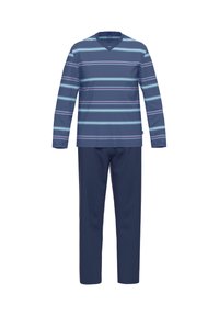 Mekko pitkät hihat tummansinisellä pohjalla, vaaleansinisiä ja purppuraisia vaakasuoria raitoja, yhdistettynä yksivärisiin tummansinisiin housuihin; puuvillasekoitusmateriaali, rento istuvuus.