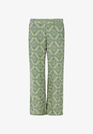 Patroontology broek in groen en geel, met een geometrisch bloemenpatroon. Gemaakt van lichte stof, met een wijde pijp en een elastische tailleband.
