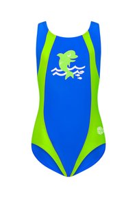Einteiliger Badeanzug in lebhaftem Blau und Grün, mit einem Delfinmotiv und Wellenmuster. Hergestellt aus glattem, elastischem Material.