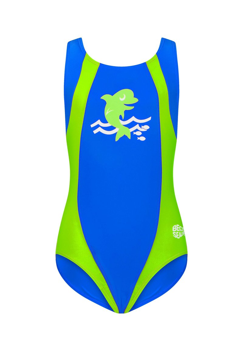 Einteiliger Badeanzug in lebhaftem Blau und Grün, mit einem Delfinmotiv und Wellenmuster. Hergestellt aus glattem, elastischem Material.