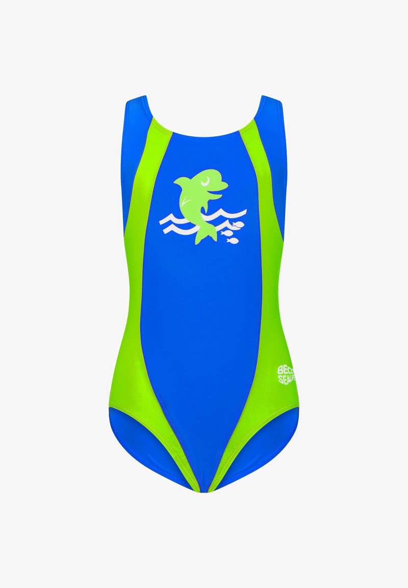 Einteiliger Badeanzug in lebhaftem Blau und Grün, mit einem Delfinmotiv und Wellenmuster. Hergestellt aus glattem, elastischem Material.