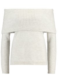 Cremfarbener Pullover mit schulterfreiem Design, gerippter Textur, langen Ärmeln und lockerer Passform. Verfügt über einen breiten, umgeschlagenen Kragen und ein weiches Gewebe.
