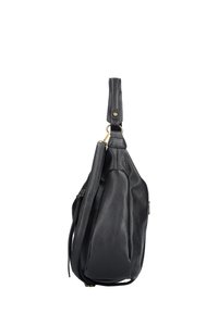 Black leather handbag with a textured surface, featuring a wide strap, zippered pocket, and golden hardware detail. Side view.