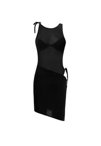 Schwarzes Kleid mit einem durchsichtigen Mesh-Oberteil, tailliertem Mieder, asymmetrischem Saum, verstellbarem Bindegürtel und seitlichen Ausschnitten.