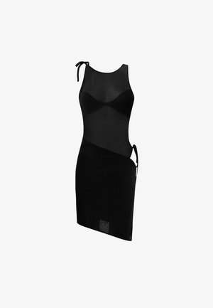 Zwarte jurk met een sheer mesh bovenkant, getailleerd lijfje, asymmetrische zoom, verstelbare strikband en uitsnijdingen aan de zijkant.