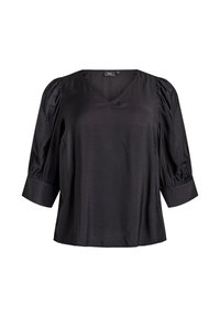 Zwarte satijnen blouse met V-hals, driekwart pofmouwen en brede manchetten, weergegeven op een witte achtergrond.