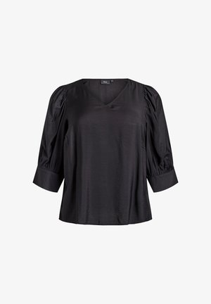 Juodas satino palaidinė su V formos iškirpte, trimis ketvirtadaliais pūstomis rankovėmis ir plačiais rankogaliais, pristatyta ant balto fono.